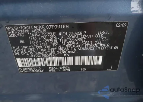 2009 Toyota Rav4 z USA, uszkodzony, nr VIN JTMBF33V39D012326